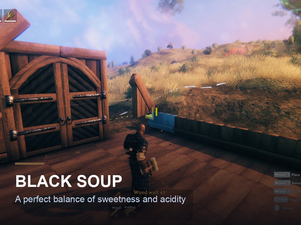 Valheim promotional artwork of a homestead at dusk.