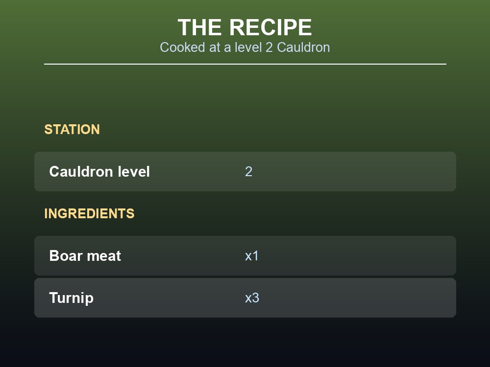 Card listing Turnip Stew's Cauldron level and ingredient list.