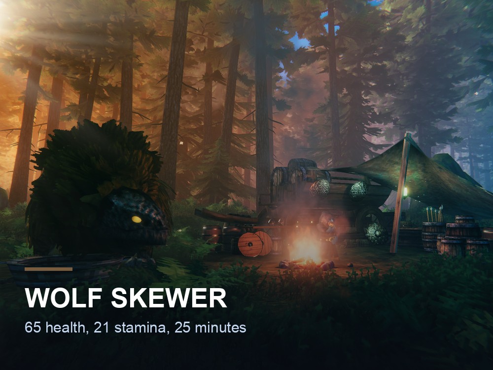 A Valheim cooking scene over an open fire.