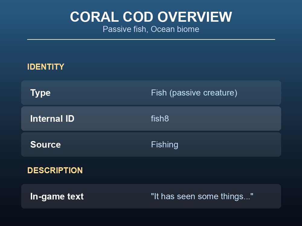 A Coral cod swimming in the Ocean biome