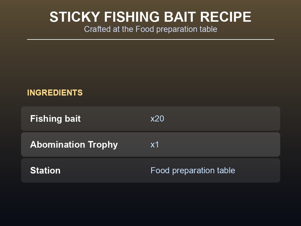 Card listing the Sticky fishing bait recipe: ingredients and crafting station.