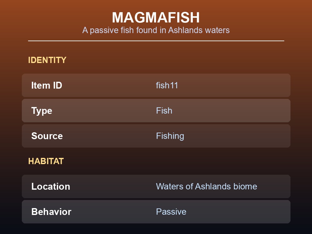 Magmafish, a passive fish found in the waters of Valheim's Ashlands biome