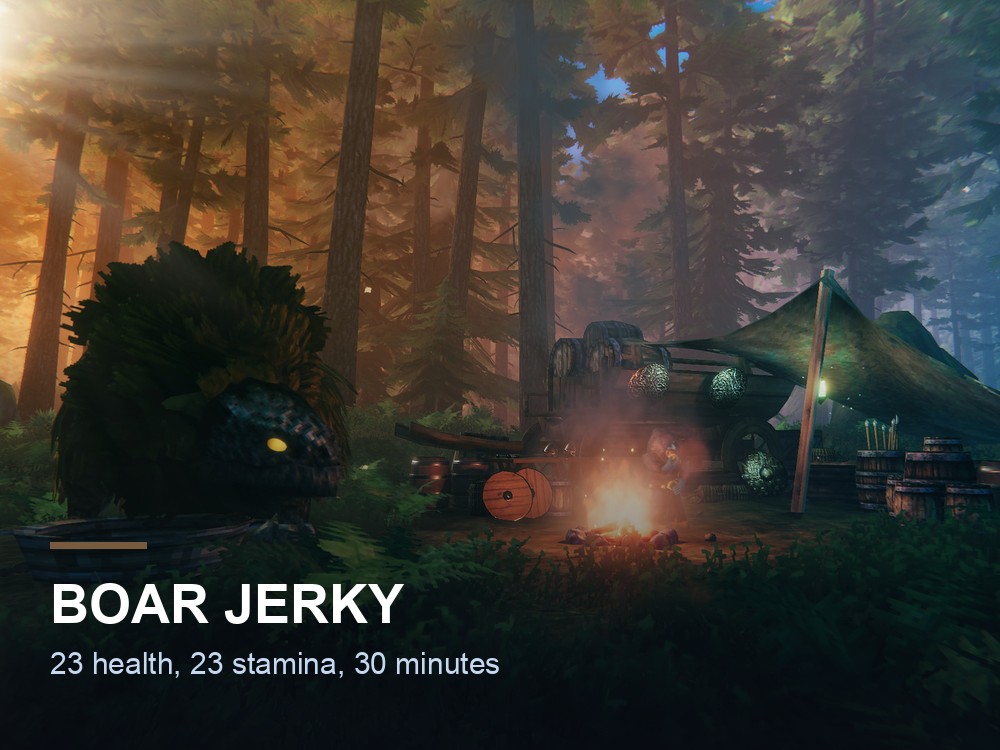 A Valheim cooking scene over an open fire.