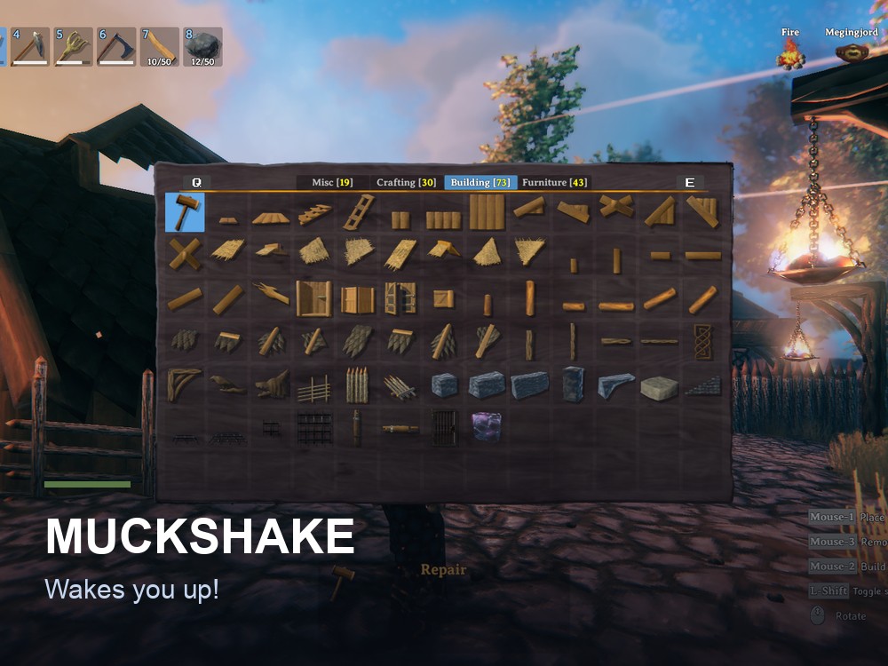 Valheim promotional artwork of a homestead at dusk.