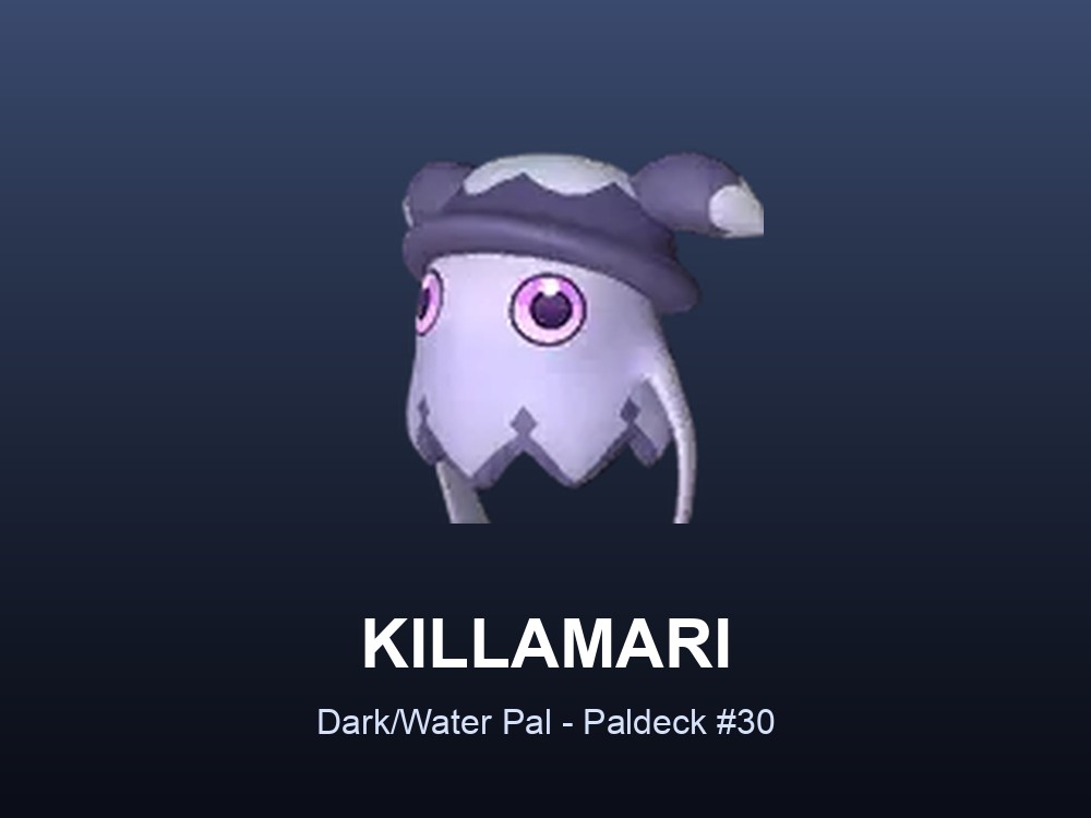 Killamari hero card showing the Dark/Water-type Pal Killamari, Paldeck #30, against a dark blue gradient.