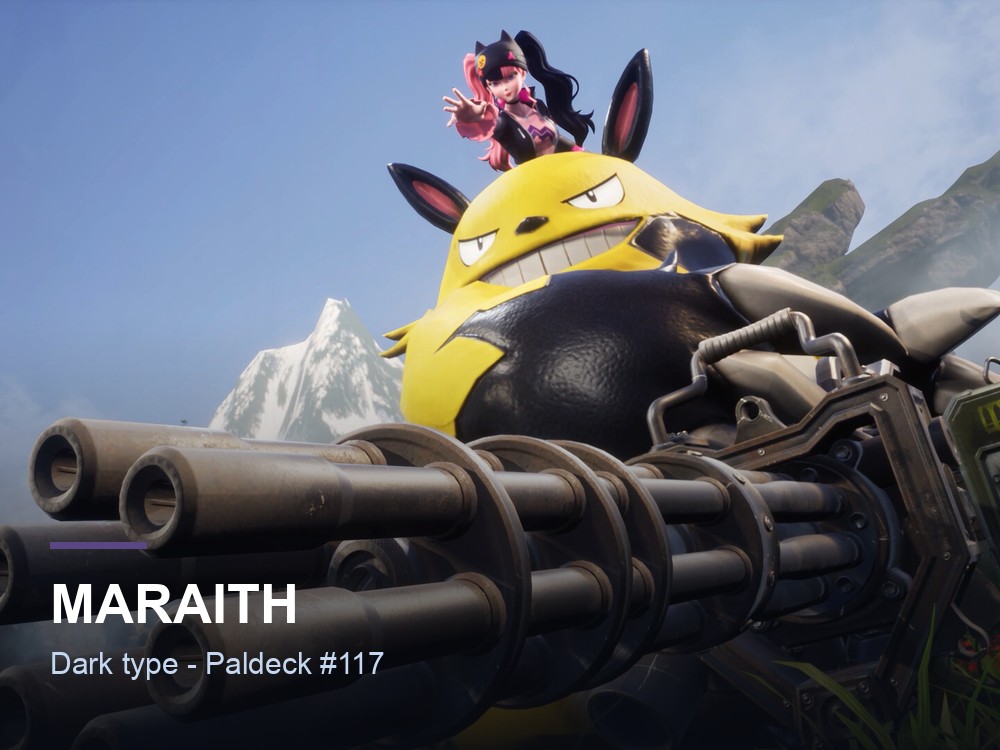 Maraith hero card over a Palworld marketing screenshot, showing the Pal's name and Dark typing.
