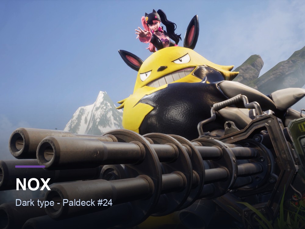 Nox hero card over Palworld promotional art, naming the Pal alongside its Paldeck number and Dark typing.