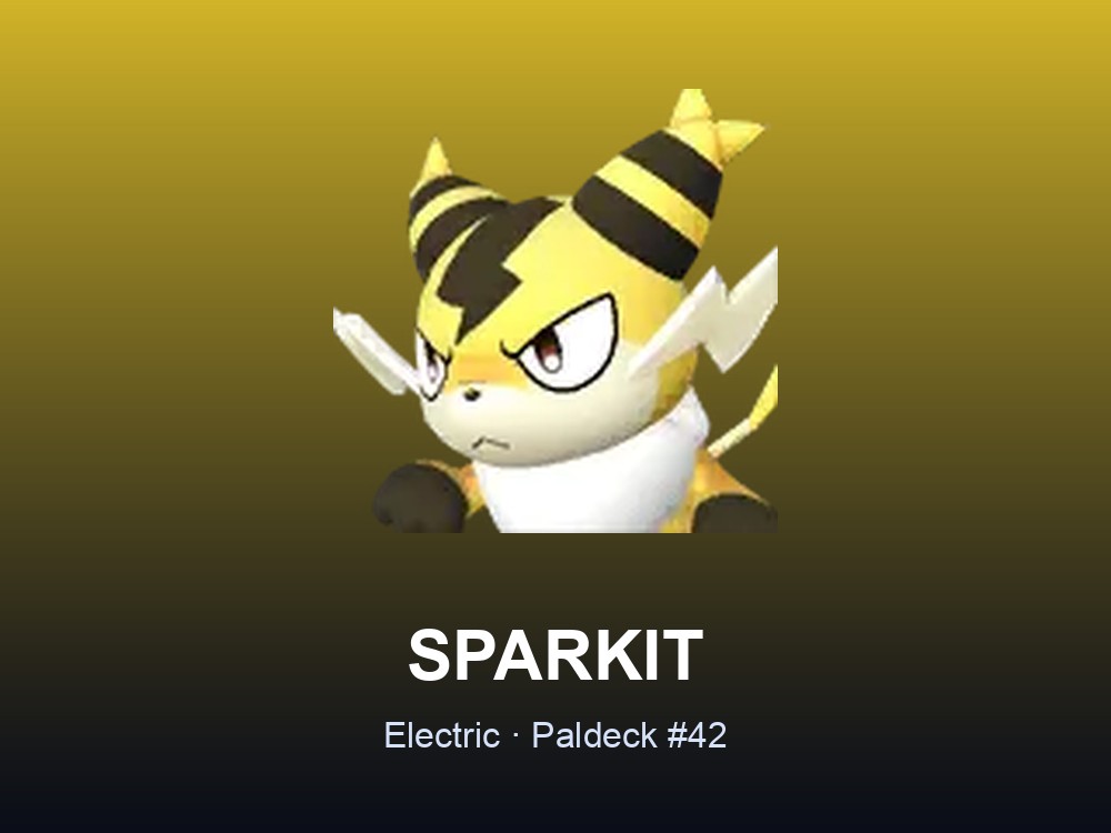 Sparkit hero card showing its name, Electric typing and Paldeck entry number.