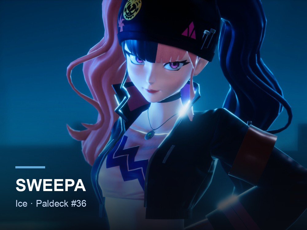 Sweepa hero card over a Palworld marketing screenshot, showing the Pal's name and Ice typing.