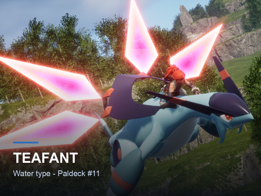 Teafant hero card over a Palworld marketing screenshot, showing the Pal's name and Water typing.