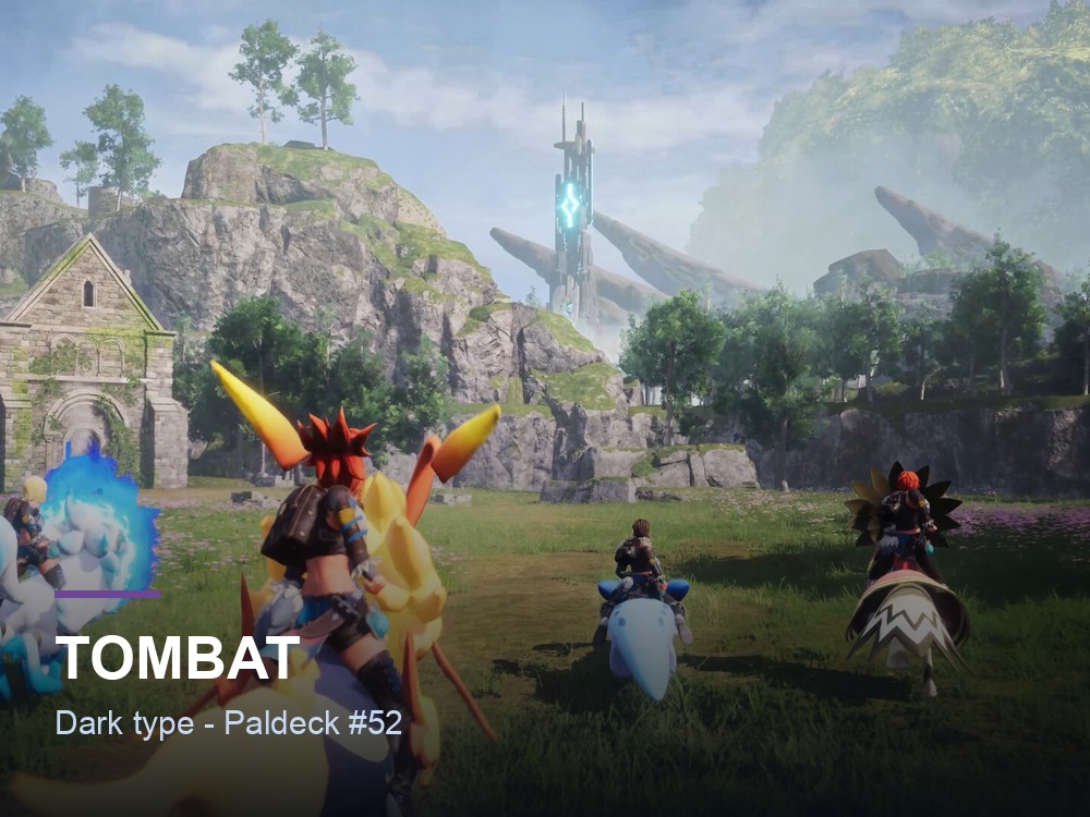 Tombat hero card over a Palworld marketing screenshot, showing the Pal's name and Dark typing.
