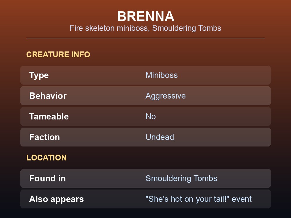Brenna, a burning skeleton miniboss standing in the Smouldering Tombs