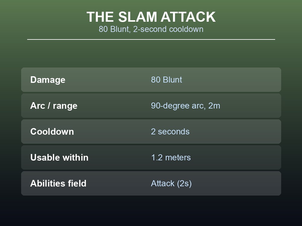 Card showing the Kvastur's slam attack range, damage, and cooldown.