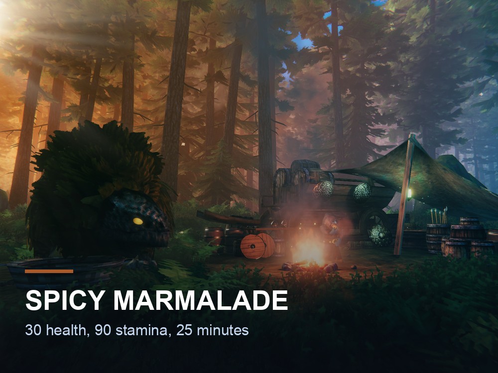 A Valheim cooking scene over an open fire.