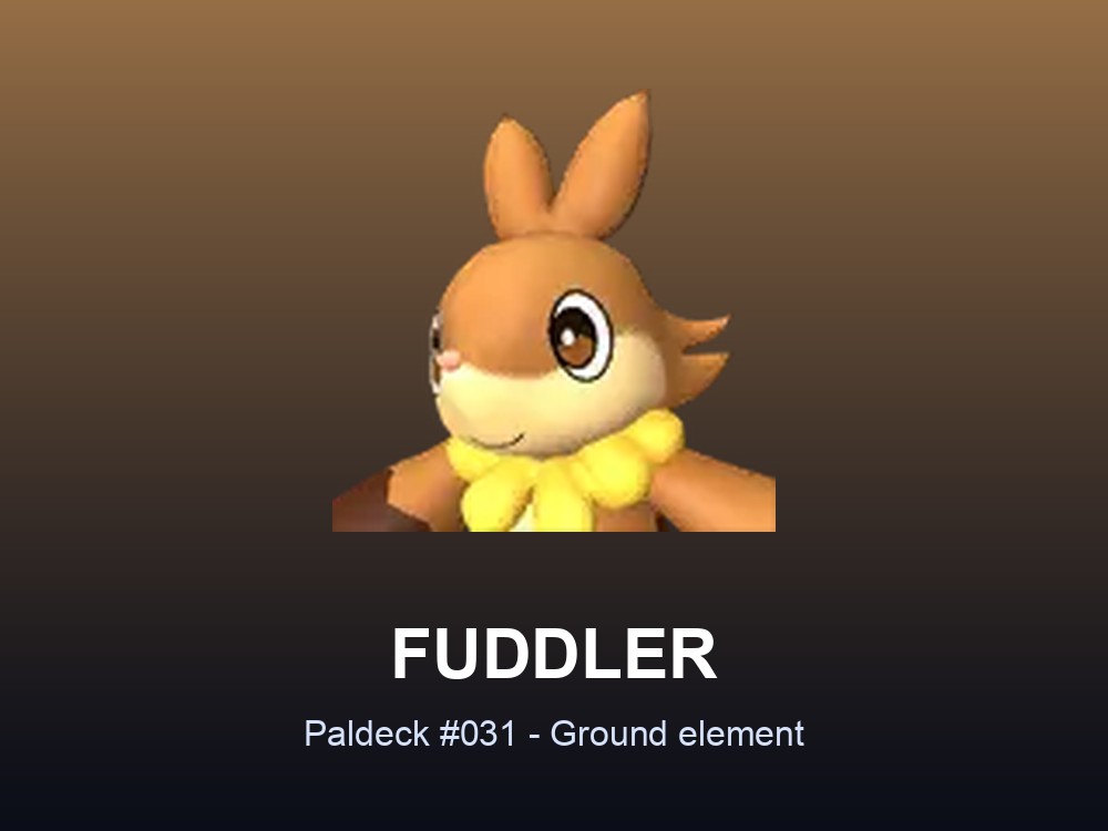 Fuddler hero card showing its Paldeck number and Ground element