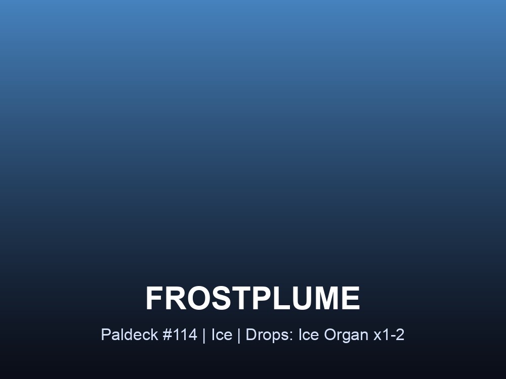 Frostplume Paldeck overview card showing element, partner skill, and drop