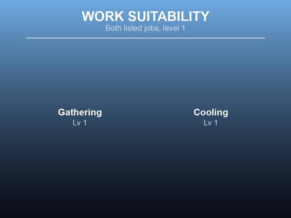 Swee assigned to base work: Gathering and Cooling, both level 1