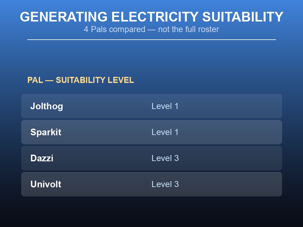Overview table comparing Generating Electricity suitability levels for Jolthog, Sparkit, Dazzi and Univolt