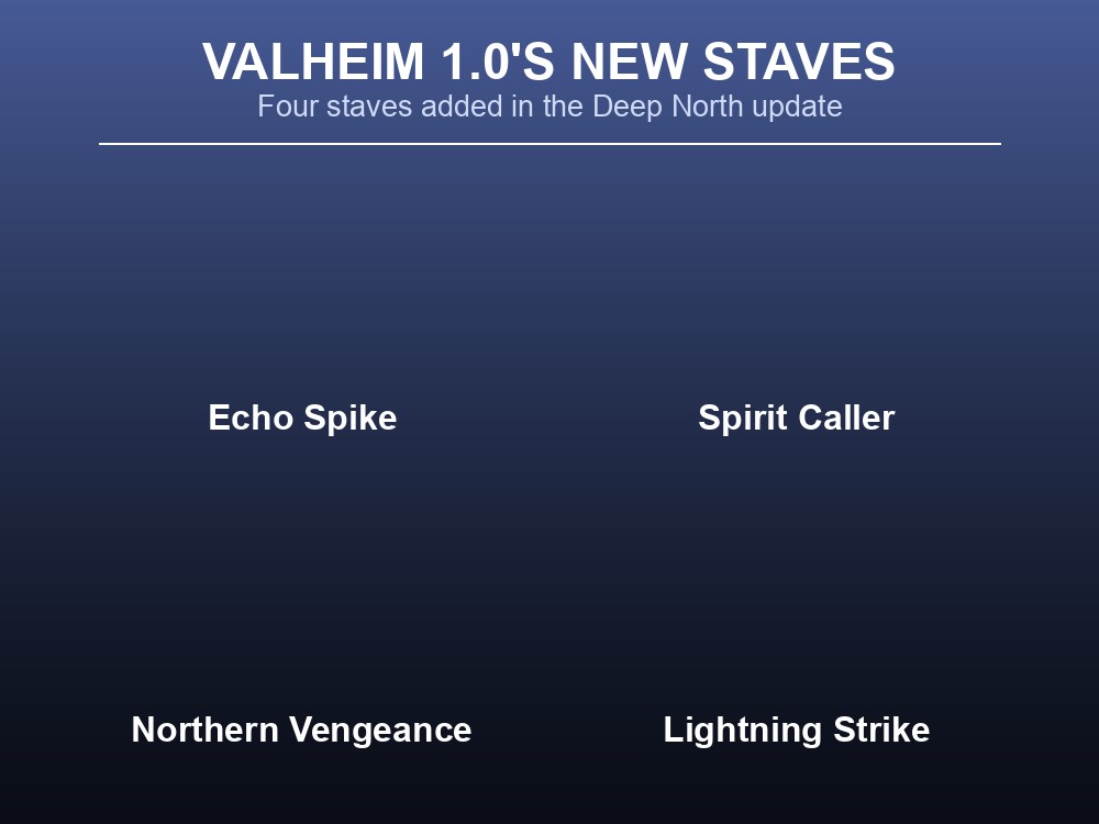 Card listing Valheim 1.0's four new staves.