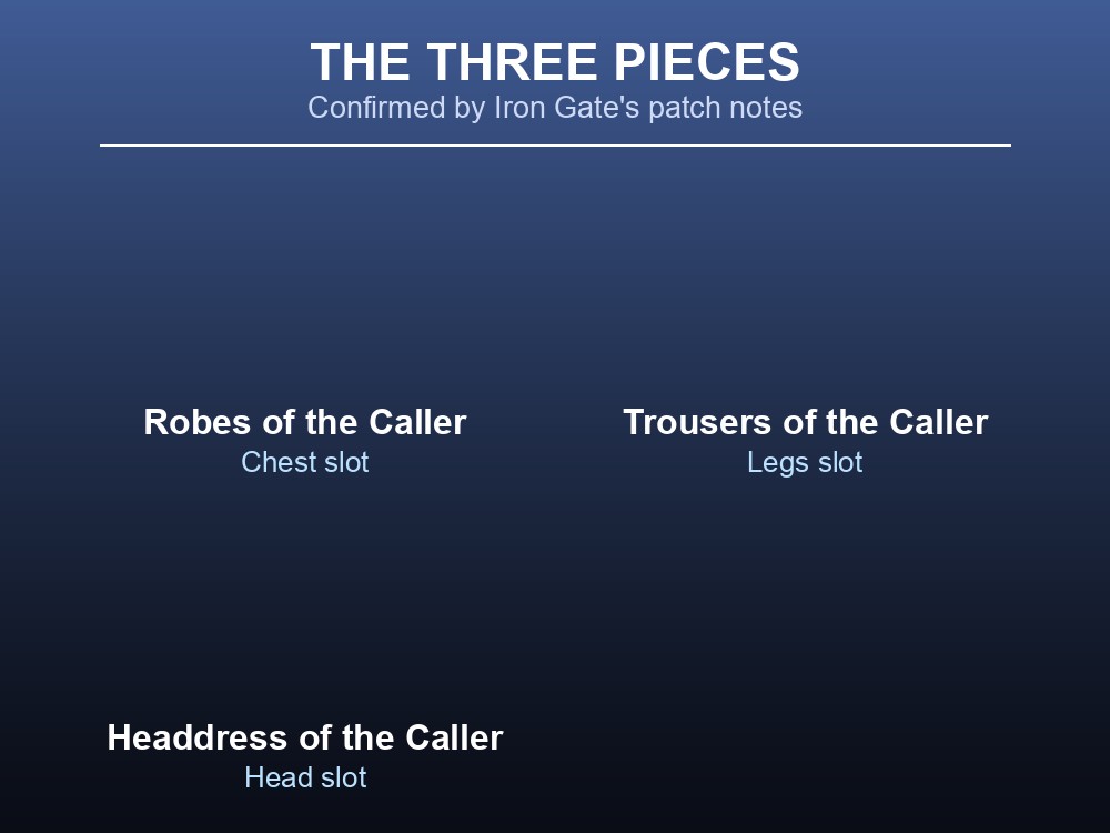 Robes, trousers and headdress pieces representing the Caller set's three-piece structure