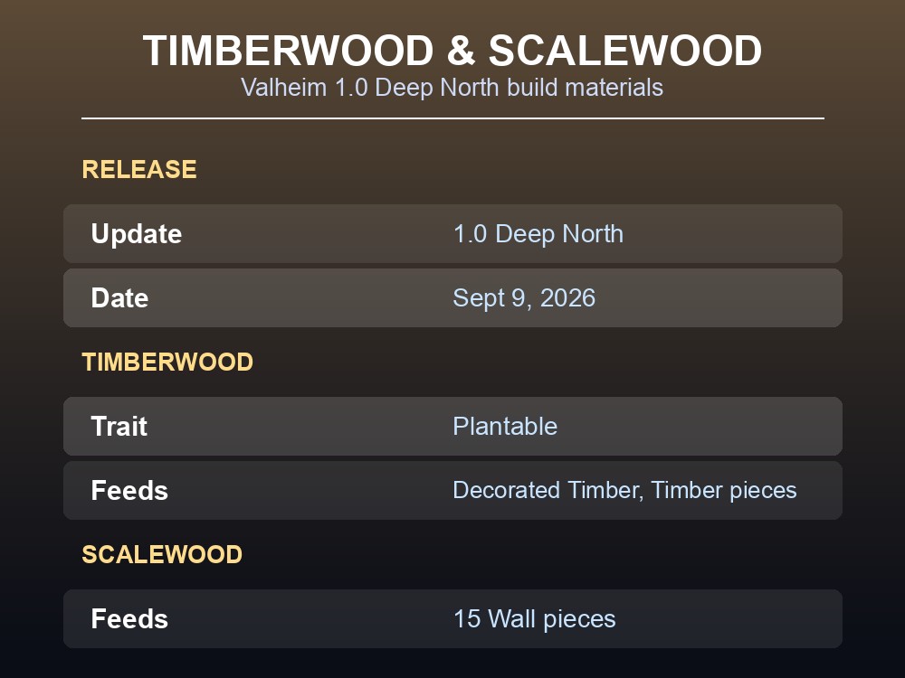 Card summarizing Timberwood and Scalewood, Valheim 1.0's two new Deep North building materials.