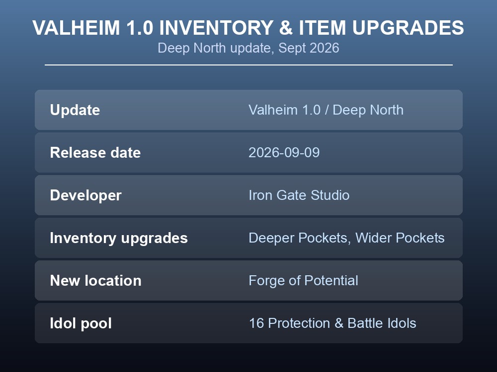 Overview card summarizing Valheim 1.0's new inventory and item-upgrade systems.