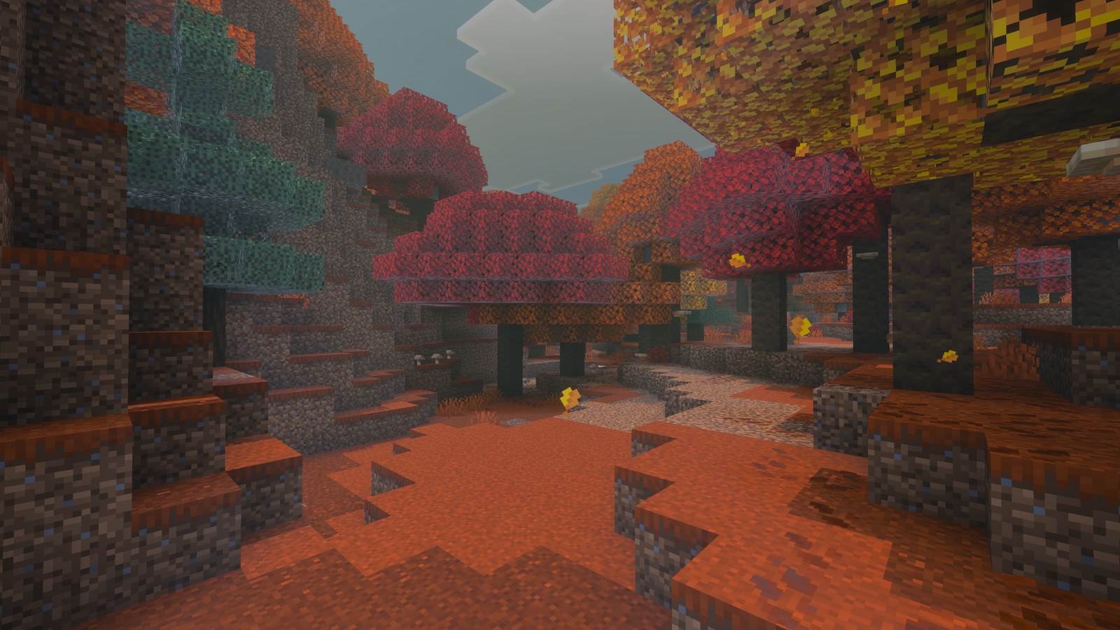 A dappled forest of poplar trees in Minecraft's Wilderness Bound