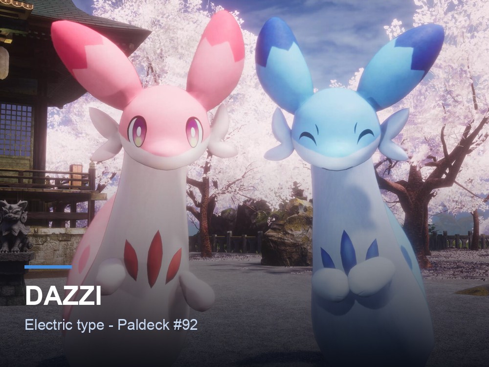 Dazzi hero card over a Palworld marketing screenshot, showing the Pal's name and Electric typing.