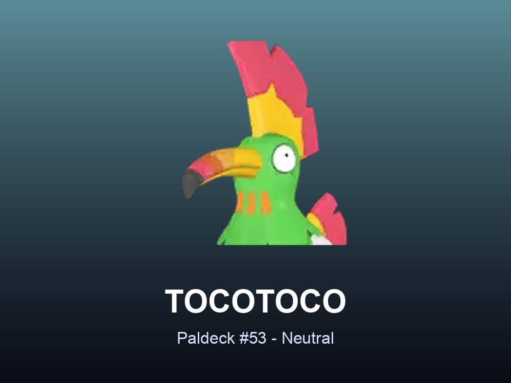 Tocotoco, a Neutral-type Pal in Palworld, official Paldeck artwork
