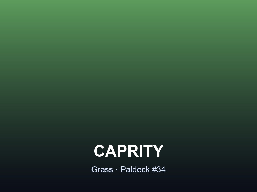 Caprity hero card showing the Grass-element Pal Caprity, Paldeck #34, on a green gradient.