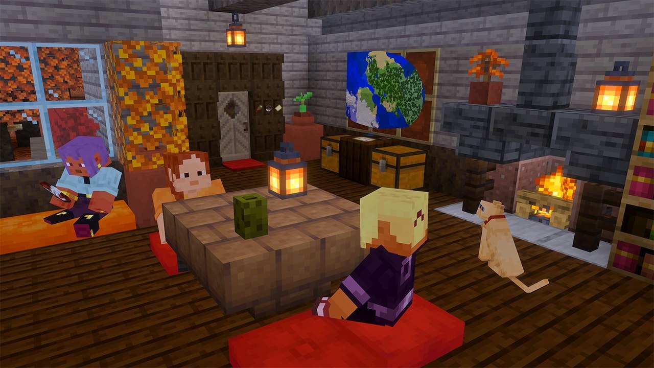 Players sitting on cushions in a cozy dappled-forest home