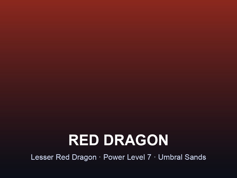 Card introducing the Red Dragon, a power level 7 boss in Umbral Sands.