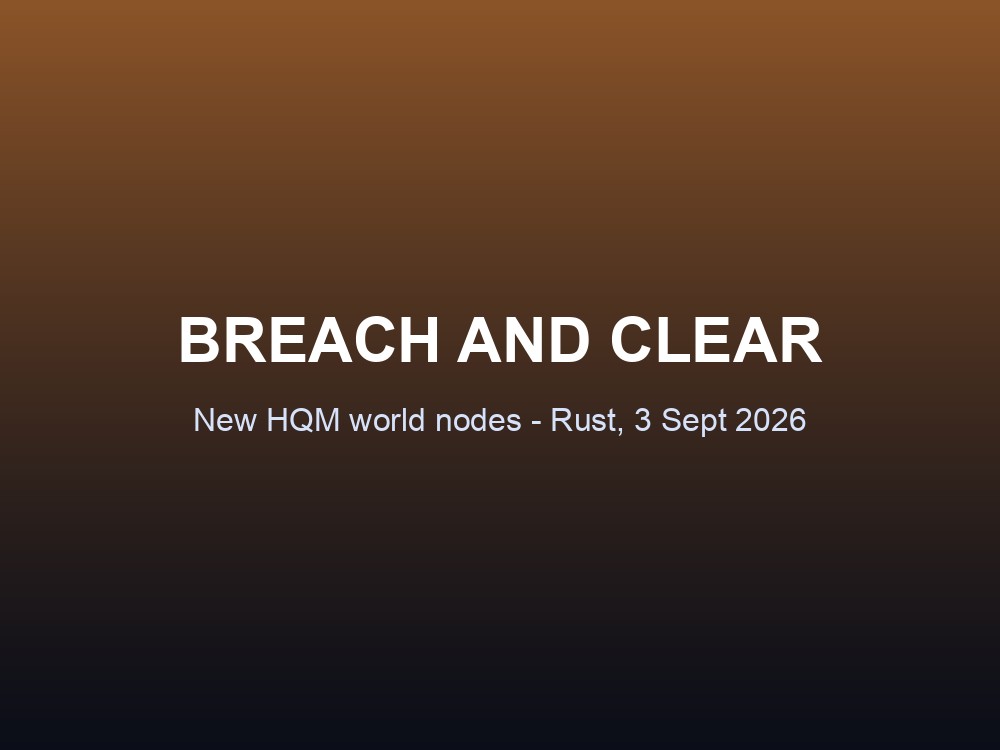 Rust Breach and Clear update card showing the new HQM world node and collectable, best found in the Jungle biome
