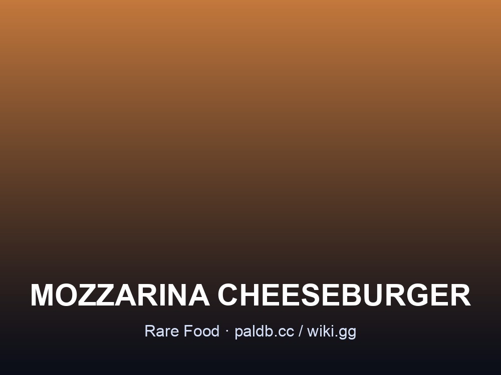 Mozzarina Cheeseburger data card showing its Rare rarity, weight and sell price against a warm gradient.
