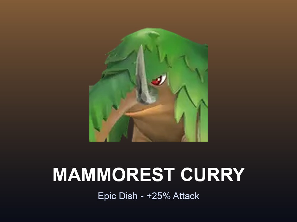 Hero card for Mammorest Curry: Epic-rarity dish, +25% Attack effect.