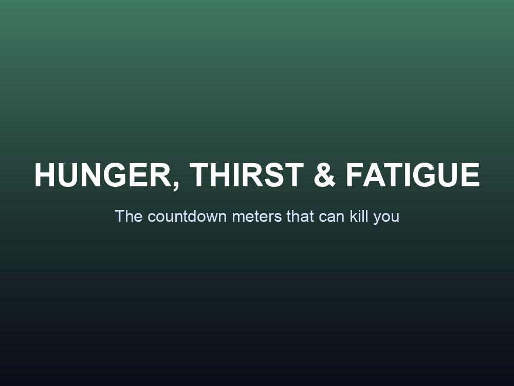 Branded card introducing Abiotic Factor's hunger, thirst, and fatigue meters.