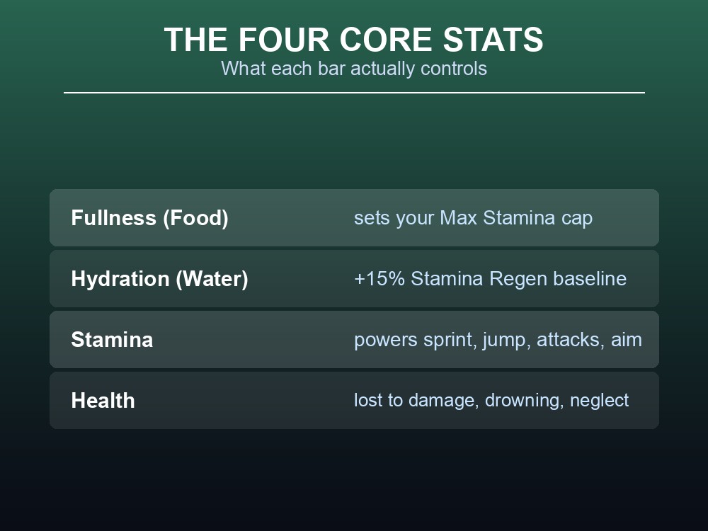 Table card listing what each of the four core survival stats does