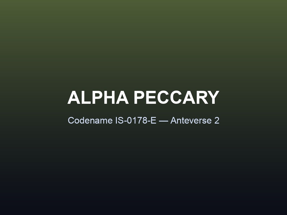 Alpha Peccary stat card showing its codename and Anteverse 2 origin.