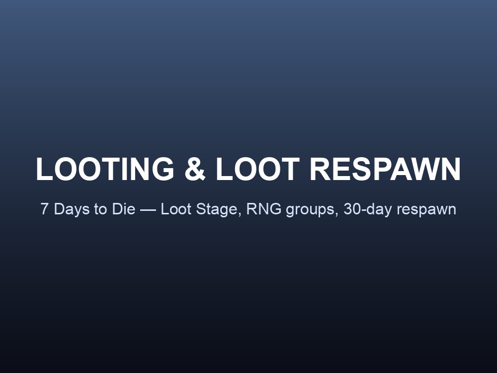 Overview card explaining how looting, Loot Stage, and container respawn work in 7 Days to Die.