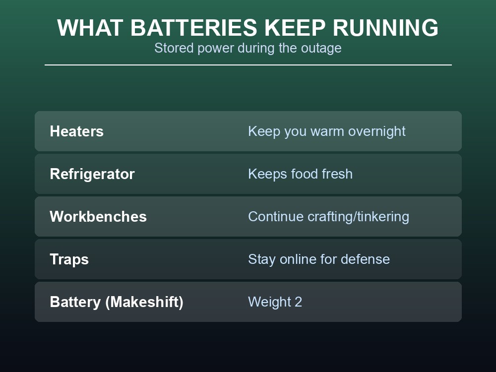 Data card listing what stored battery power keeps running overnight in Abiotic Factor.