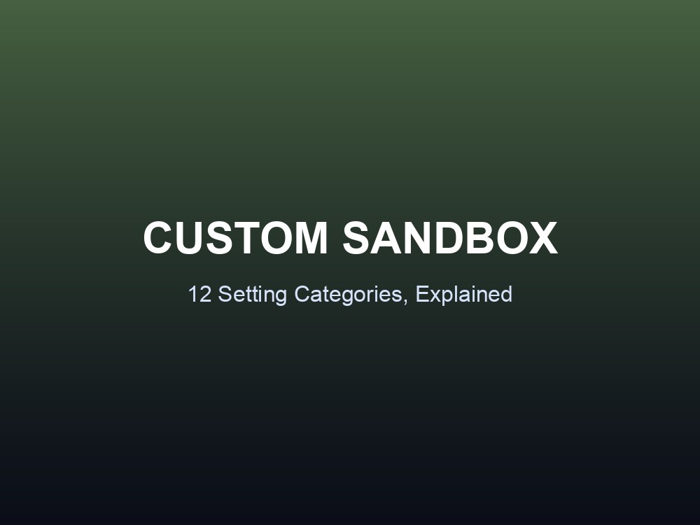 Title card introducing Project Zomboid's Custom Sandbox menu and its 12 setting categories.