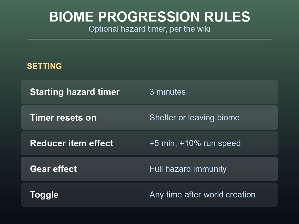 Data card showing the biome hazard timer, reducer bonus, and gear rules.