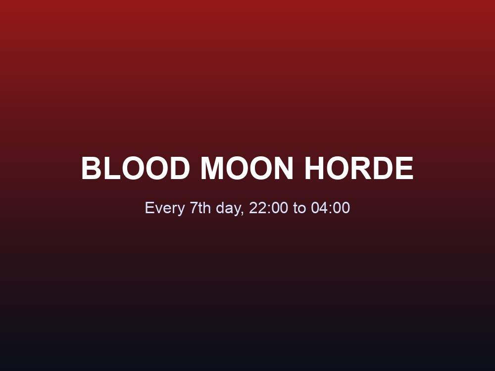 Hero card for Blood Moon Horde, the recurring 7 Days to Die siege event.