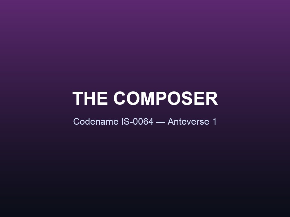 Composer stat card showing its codename, origin, and attack damage.
