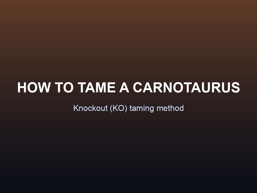 A Carnotaurus, ARK's fast mid-tier knockout tame, standing on open ground