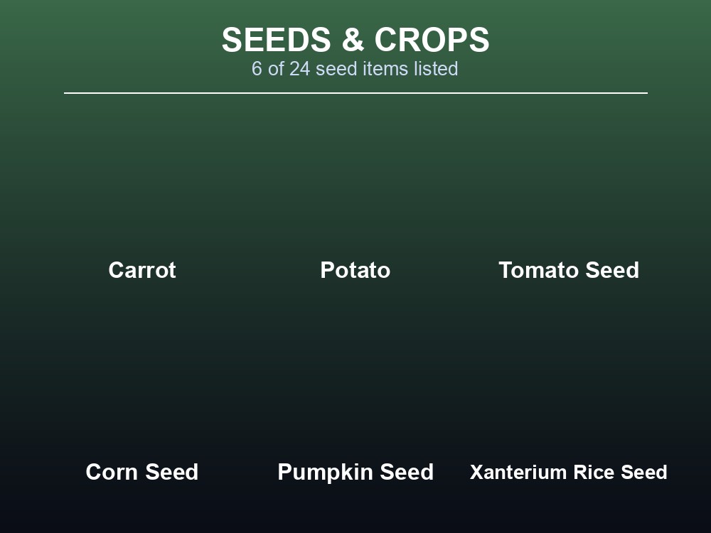 A sample of the seed and crop items filed under Farming's Seeds subsection, including Carrot, Potato, Tomato Seed, and Xanterium Rice Seed.