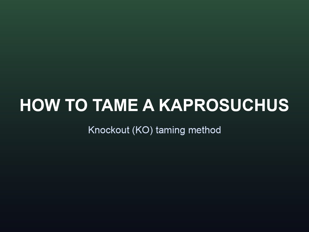 A Kaprosuchus being knocked out and tamed in a swamp in ARK