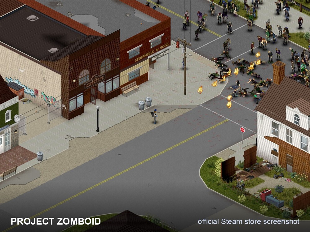 A crowded Project Zomboid street with survivors and zombies, an official Steam store screenshot.