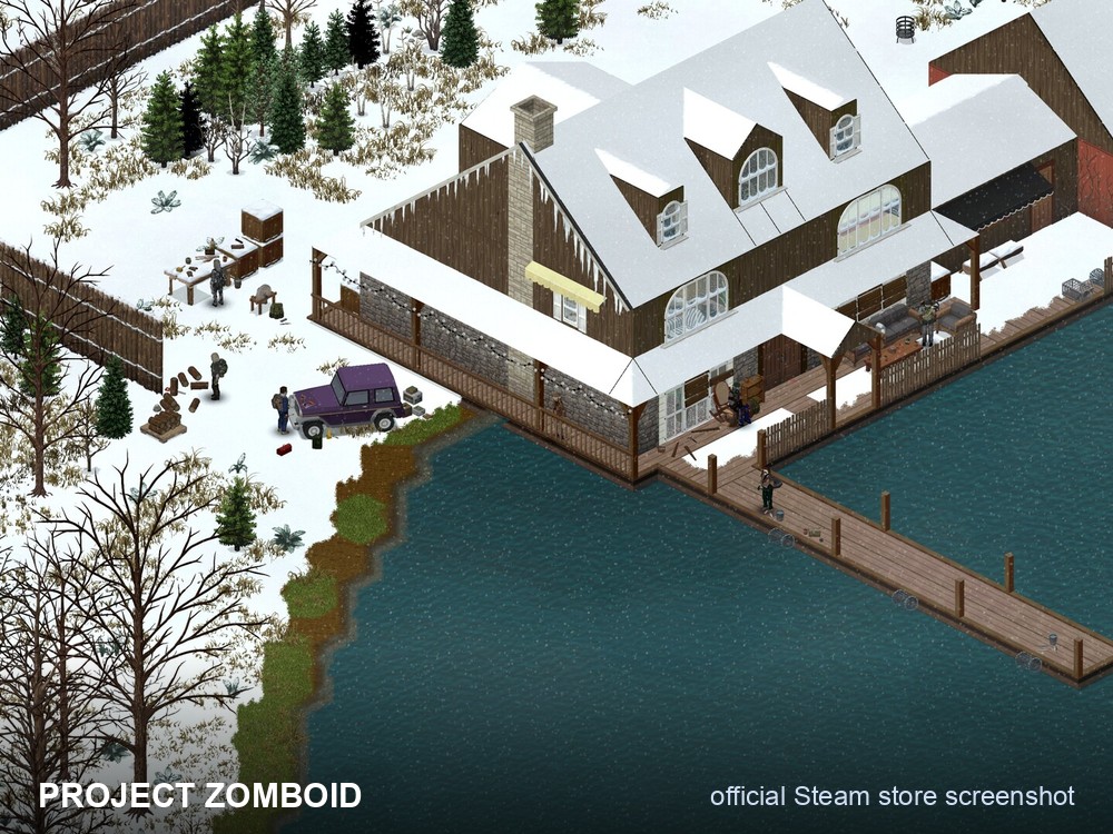 A quiet Project Zomboid town by the water, an official Steam store screenshot.