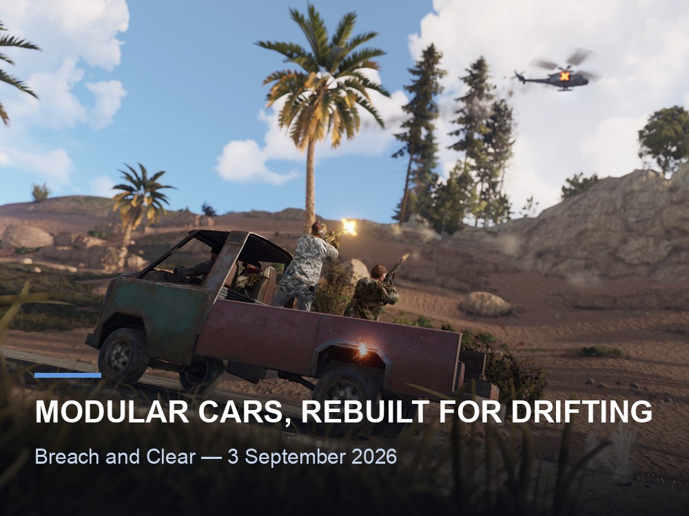 A Rust pickup truck barrelling down a dirt road with two survivors firing from the truck bed
